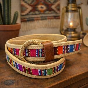 VTG Ethnic Handmade Serape Mexican Guatemalan Leather Unisex Western Belt Sz S/M